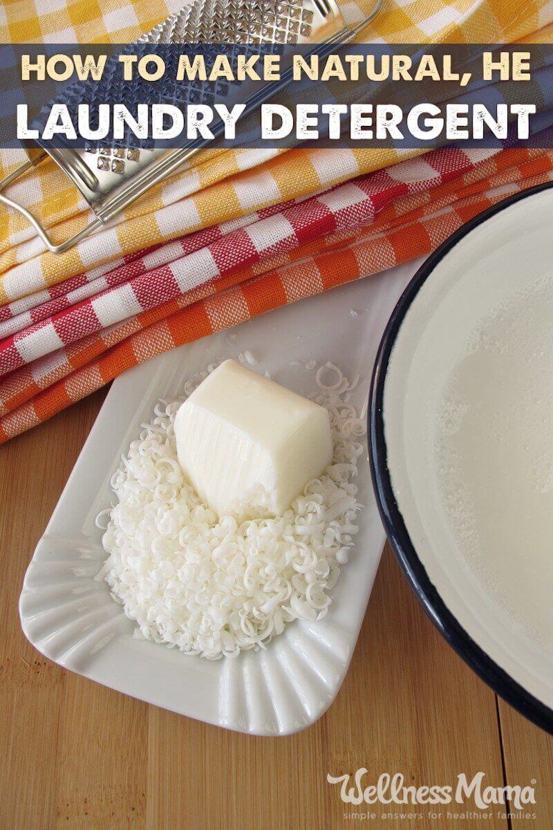 This homemade laundry detergent uses coconut oil soap, borax, washing soda, and optional essential oils to naturally clean laundry effectively. HE safe.